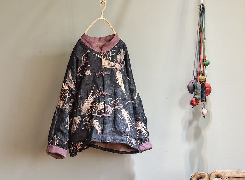 Giacca cinese trapuntata da donna in cotone e lino con stampa vintage e tasche 231913 immagine 4