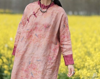 100% Linen Women Tunic with Floral Pattern in Hanfu Style, Linen Dress 232333s