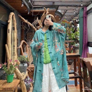 100% Ramie Linen Women Long Blouse with Floral Print and Long Sleeves, Linen women blouse 231327a zdjęcie 9