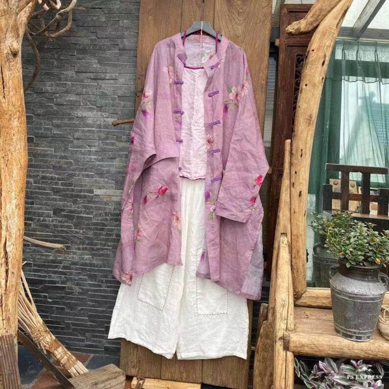 100% Ramie Linen Women Long Blouse with Floral Print and Long Sleeves, Linen women blouse 231327a zdjęcie 5