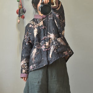 Giacca cinese trapuntata da donna in cotone e lino con stampa vintage e tasche 231913 Nero