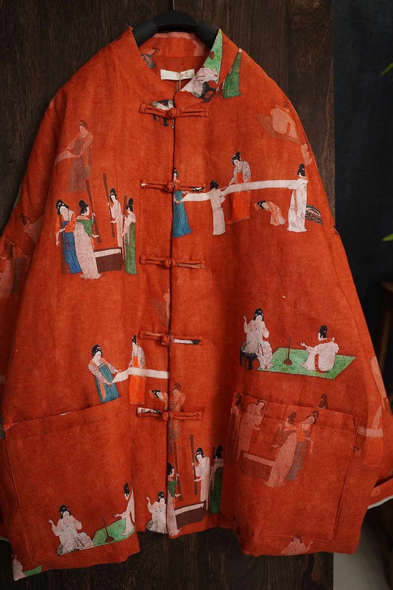 100% Leinen Frauen Gesteppte chinesische Jacke mit Vintage-Druck und traditionellen chinesischen Knöpfen 240106w Bild 5