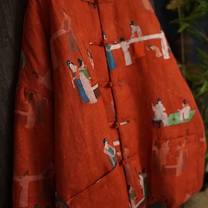 100% Leinen Frauen Gesteppte chinesische Jacke mit Vintage-Druck und traditionellen chinesischen Knöpfen 240106w Bild 4