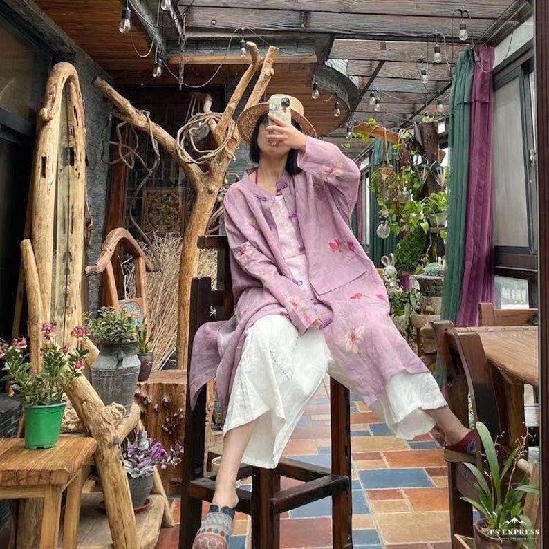 100% Ramie Linen Women Long Blouse with Floral Print and Long Sleeves, Linen women blouse 231327a zdjęcie 8