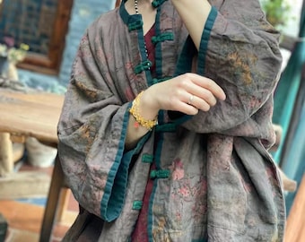 100 Prozent Leinen Vintage chinesische Frauen Jacke mit Blumendruck, Leinen Frauen Hemd Jacke 231632a