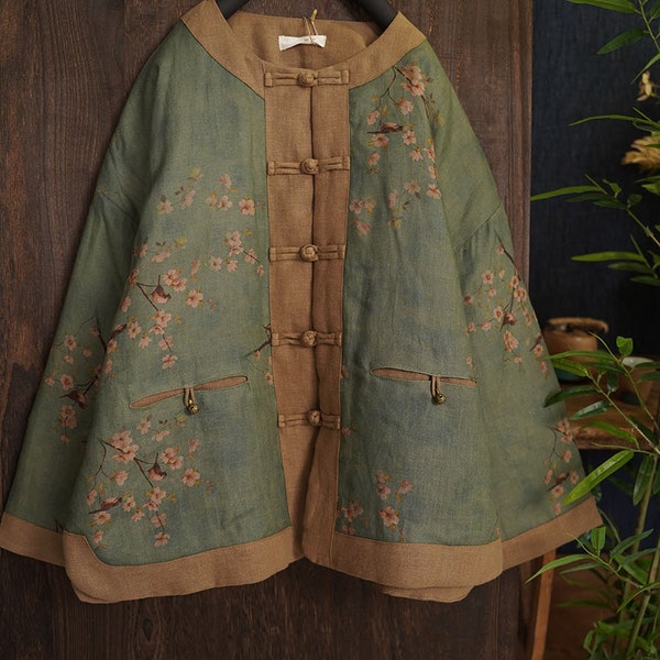 Veste chinoise matelassée pour femme en lin et coton avec imprimé vintage et boutons chinois traditionnels 240111w