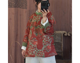 Leinen Baumwolle Frauen Gesteppter Chinesischer Hanfu Pullover mit Vintage-Druck und Traditionellen Chinesischen Knöpfen 230516w