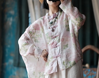 100% Ramie Linen Women Blouse with Floral Print, LINEN women Pullover, linen women Shirt, linen women top, liziqi 231417k