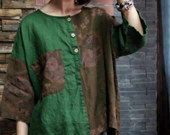 100% Linen Women Blouse with Patchwork Design, casual women linen blouse 241704s