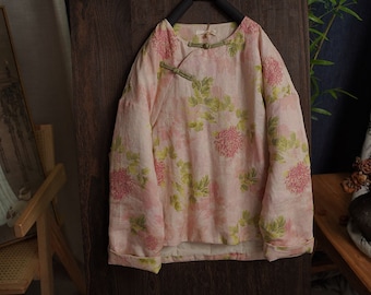 Linen Cotton Women Quilted Chinese Pullover with Vintage Floral Print and Traditional Chinese Buttons 2401120w