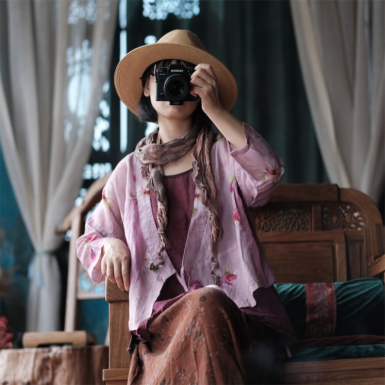 Giacca da donna cinese vintage in lino 100% ramiè con colletto cinese e stampa floreale, giacca da donna in lino 241504s immagine 3