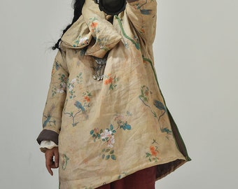 Linen Cotton Women Quilted Chinese Long Tunic with Vintage Print and Traditional Buttons, Linen Cotton Scarf Set 231919t