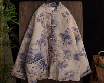 Linen Cotton Women Quilted Chinese Jacket with Vintage Landscape Print and Traditional Chinese Buttons 240115w