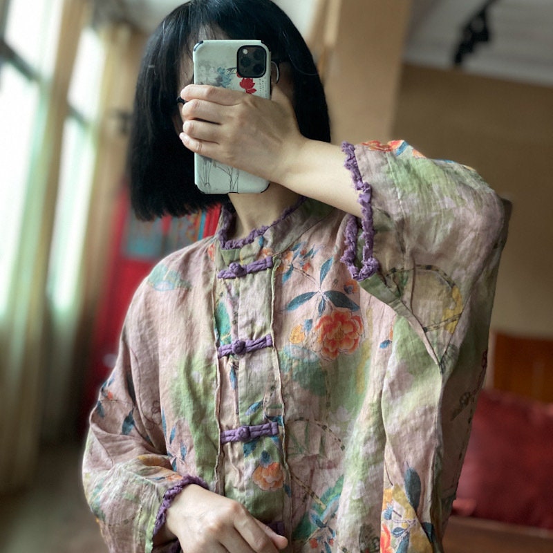 yellow vintage linen button blouse cuffed... L main image 1