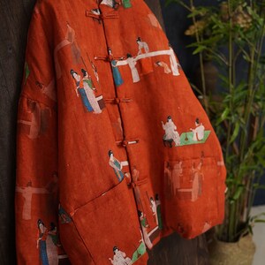 100% Leinen Frauen Gesteppte chinesische Jacke mit Vintage-Druck und traditionellen chinesischen Knöpfen 240106w Bild 9