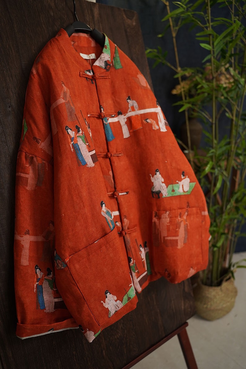100% Leinen Frauen Gesteppte chinesische Jacke mit Vintage-Druck und traditionellen chinesischen Knöpfen 240106w Bild 9