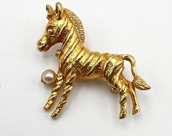 Vintage Gold Tone Zebra Playing With Faux Pearl Brooch Pin Gift