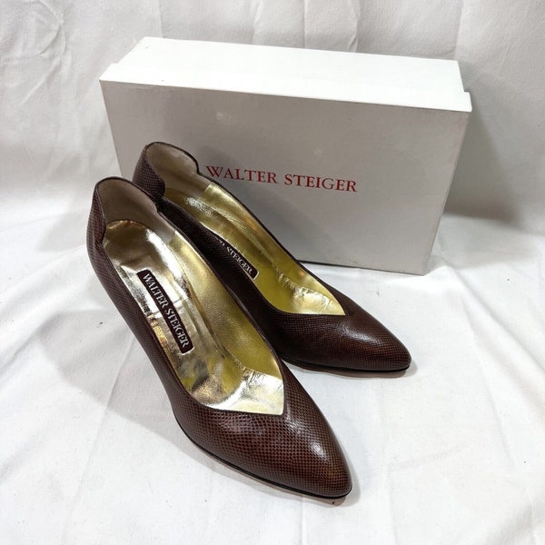 Vintage Walter Steiger Heels Pumps Sz 7.5 AA Brown Embossed Leather Handmade Italy