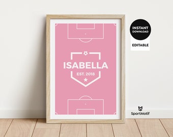 Girls Personalised Football Poster. Editable pink kids instant download soccer print. Children's custom printable wall art for bedroom.