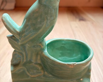 Vintage McCoy Bird Planter succulent on log Aqua