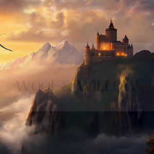 May include: A majestic castle sits atop a mountain peak, illuminated by the warm glow of the setting sun. The castle is surrounded by clouds and mountains, creating a magical and ethereal atmosphere.