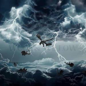 May include: A dark, stormy sky with lightning bolts and multiple black silhouettes of dragons flying through the clouds.