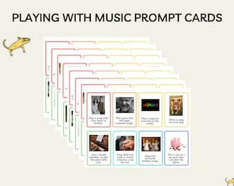 May include: A set of colorful prompt cards with images and text suggestions for playing music. The cards feature prompts like "Play a song with your sister or brother", "Play notes that will make someone laugh", and "Sing your favorite holiday songs".