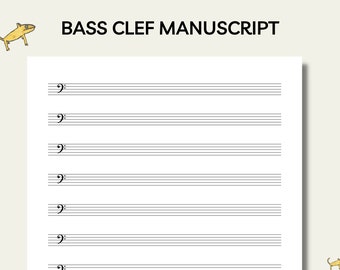 May include: A blank sheet of music paper with a bass clef at the beginning of each line. The title "BASS CLEF MANUSCRIPT" is at the top of the page.