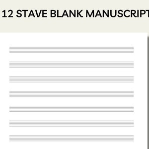 Puede incluir: Un papel de manuscrito musical en blanco con 12 pentagramas. El papel es blanco y los pentagramas son negros. El título "12 STAVE BLANK MANUSCRIPT" está en la parte superior de la página.