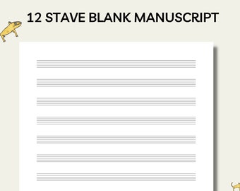 May include: A blank music manuscript paper with 12 staves. The paper is white and the staves are black. The title "12 STAVE BLANK MANUSCRIPT" is at the top of the page.