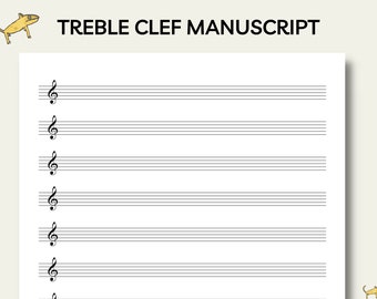 May include: A white sheet of manuscript paper with five horizontal lines and treble clef symbols. The text "TREBLE CLEF MANUSCRIPT" is at the top. A cartoon lizard is in the top left and bottom right corners.
