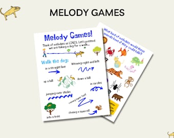 May include: A printable educational activity for kids featuring a colorful illustration of a dog walking in a straight line, up a hill, jumping over sticks, running fast, chasing a squirrel, and weaving right and left. The activity encourages children to think of melodies as lines and to imagine the dog's movements as musical notes.