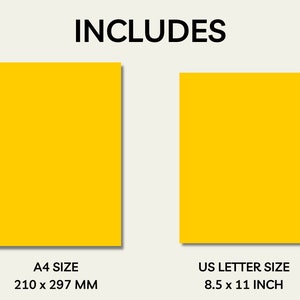 Puede incluir: Dos hojas de papel amarillas, una etiquetada "A4 SIZE 210 x 297 MM" y la otra etiquetada "US LETTER SIZE 8.5 x 11 INCH".