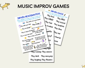 May include: Two printable cards with instructions for improv music games. The first card has the title "Improv Headquarters" and lists various improv music game ideas. The second card has the title "Improv Cards!" and lists various improv music game ideas.