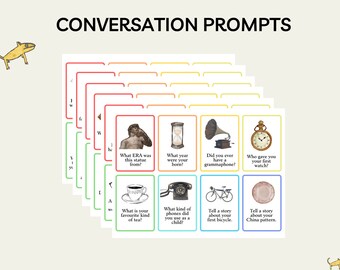 May include: A set of colorful conversation prompt cards with images and questions. The cards feature images of a statue, hourglass, gramophone, watch, teacup, phone, bicycle, and a plate.