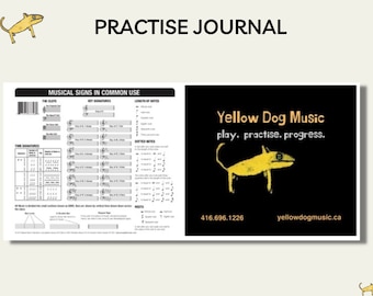 May include: A yellow dog illustration with the text "Yellow Dog Music" and the tagline "play. practise. progress." The image also includes a phone number and website address.
