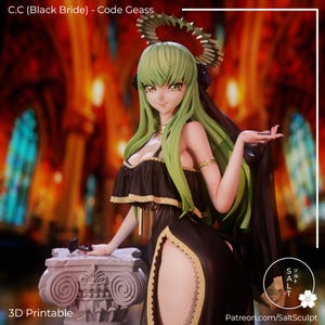 Könnte beinhalten: Eine 3D-gedruckte Figur von C.C. aus Code Geass, in einem schwarzen Kleid mit goldenen Verzierungen und einem haloartigen Kopfschmuck. Die Figur hat grüne Haare und posiert mit einem ausgestreckten Arm. Der Text "C.C. (Black Bride) - Code Geass" steht oben.