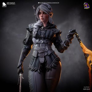 May include: A detailed figurine of a woman with long, silver hair, clad in dark armor with intricate detailing. She holds a sword and a chain with a fiery effect. The figure is sculpted with realistic features and is set against a dark background.