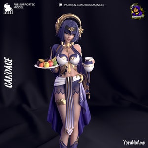 May include: A 3D-printed figurine of a character named Candace, holding a plate of fruit and a small vase. The figure is dressed in a purple, white, and gold outfit. The text "Candace" is printed vertically on the left side. The figure is a pre-supported model.