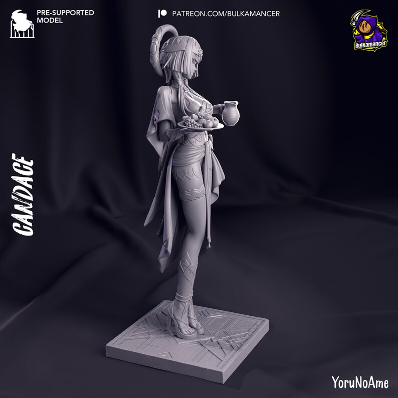May include: A gray 3D-printed figurine of a woman holding a plate of fruit and a jug. The figurine is standing on a square base with geometric patterns. The text "CANDACE" is on the left side, and "PRE-SUPPORTED MODEL" is at the top.