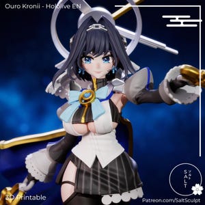 Könnte beinhalten: Eine 3D-gedruckte Figur von Ouro Kronii aus Hololive EN. Die Figur trägt ein schwarz-weißes Outfit mit einer blauen Schleife und Akzenten. Die Figur hat blaue Augen und dunkles Haar. Der Text "3D Printable" ist sichtbar.