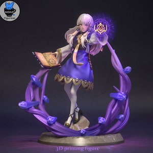 May include: A 3D-printed figurine of a female character in a blue and white dress, holding a glowing orb and an open book. The figure is surrounded by a purple, swirling design with crystal accents. The base reads "3D printing figure".