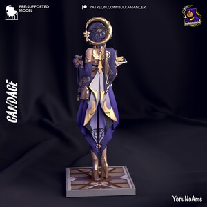 May include: A 3D-printed figurine of Candace from the game Genshin Impact, viewed from the back. The figure is in a dynamic pose, wearing a purple and gold outfit. The base is a square with a geometric design. The image includes text that says "Candace" and "Pre-Supported Model".