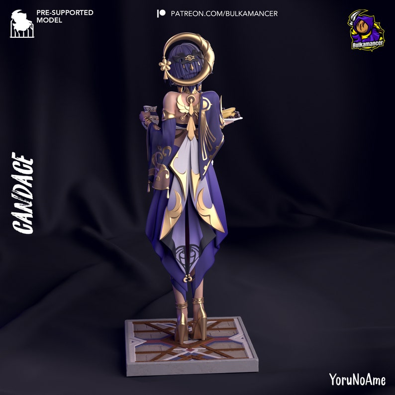 May include: A 3D-printed figurine of Candace from the game Genshin Impact, viewed from the back. The figure is in a dynamic pose, wearing a purple and gold outfit. The base is a square with a geometric design. The image includes text that says "Candace" and "Pre-Supported Model".