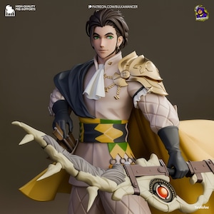 以下が含まれることがあります： 緑色の目をしたキャラクターの3Dレンダリングされたフィギュア。クリーム色の衣装に金色のアクセント、濃い青色のマント、黄色のマントを着用。キャラクターは弓矢を持っています。画像には「HIGH-QUALITY PRE-SUPPORTS」と「PATREON.COM/BULKAMANCER」というテキストが含まれています。