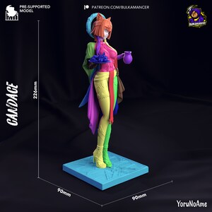 May include: A colorful figurine of a female character, standing on a blue square base. The figure is 226mm tall and 90mm wide. The character is wearing a multi-colored outfit and holding a plate of fruit and a small purple jug. Text on the image includes "CANDACE" and "PRE-SUPPORTED MODEL".