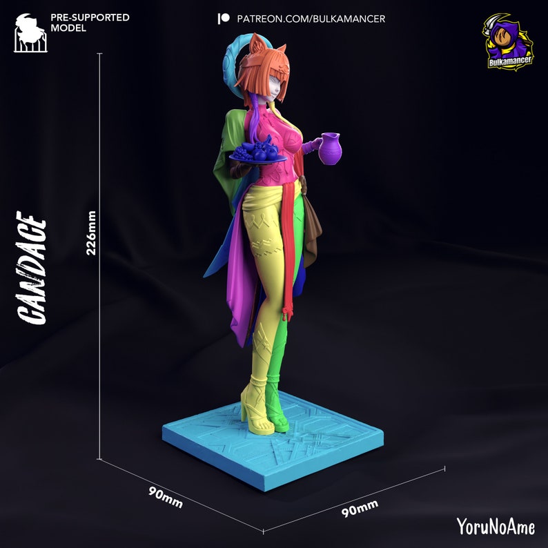 May include: A colorful figurine of a female character, standing on a blue square base. The figure is 226mm tall and 90mm wide. The character is wearing a multi-colored outfit and holding a plate of fruit and a small purple jug. Text on the image includes "CANDACE" and "PRE-SUPPORTED MODEL".