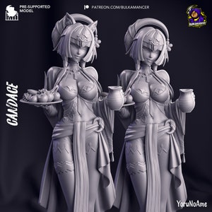 May include: A 3D-rendered model of a female figure, Candace, holding a tray of fruit and a small pitcher. The figure is wearing an ornate outfit with a headpiece and flowing robes. The model is pre-supported and features the text "Candace" and "YoruNoAme".