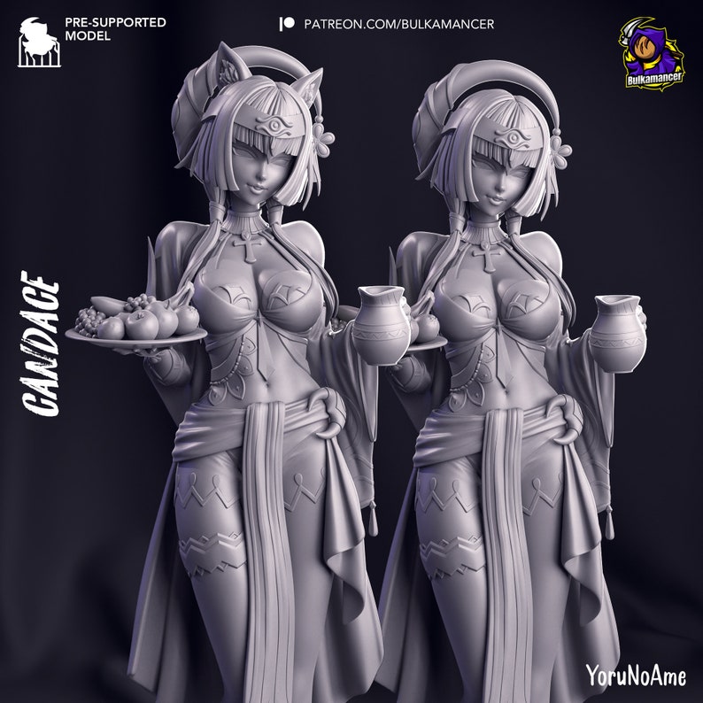 May include: A 3D-rendered model of a female figure, Candace, holding a tray of fruit and a small pitcher. The figure is wearing an ornate outfit with a headpiece and flowing robes. The model is pre-supported and features the text "Candace" and "YoruNoAme".