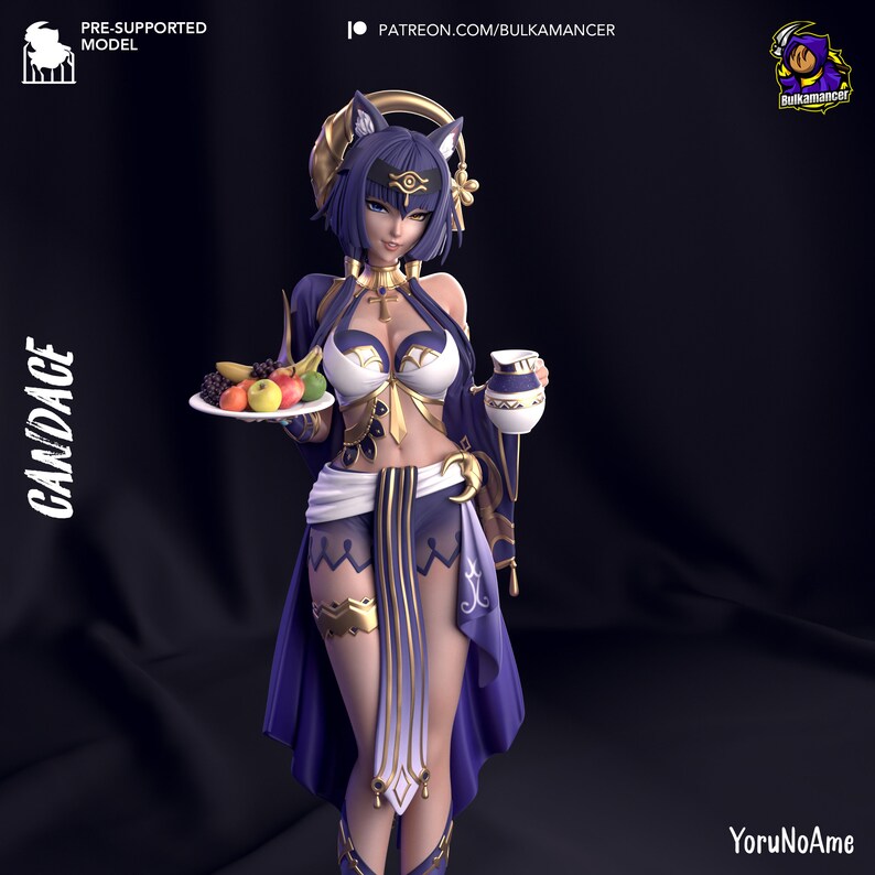 May include: A 3D-rendered figure of a woman in a stylized outfit, holding a plate of fruit and a small jug. The figure is predominantly purple, white, and gold, with a headdress and intricate detailing. The word "CANDACE" is printed vertically on the left.
